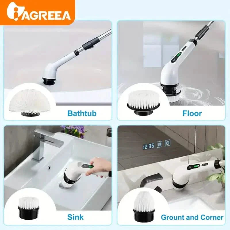Electric Rotating Scrubber with Replaceable 8 Brush Heads and Adjustable Extension Handle