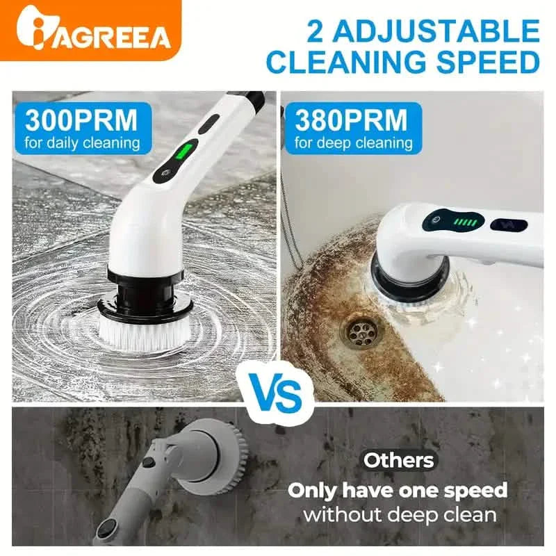 Electric Rotating Scrubber with Replaceable 8 Brush Heads and Adjustable Extension Handle