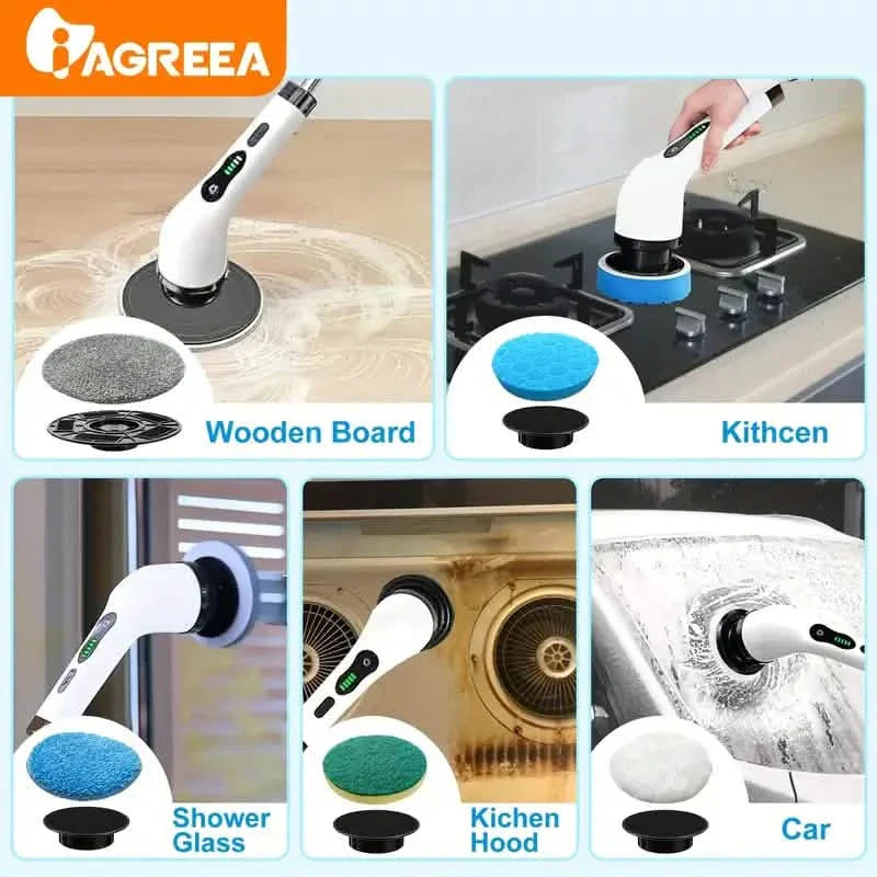 Electric Rotating Scrubber with Replaceable 8 Brush Heads and Adjustable Extension Handle