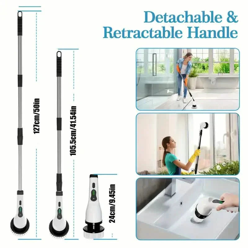 Electric Rotating Scrubber with Replaceable 8 Brush Heads and Adjustable Extension Handle