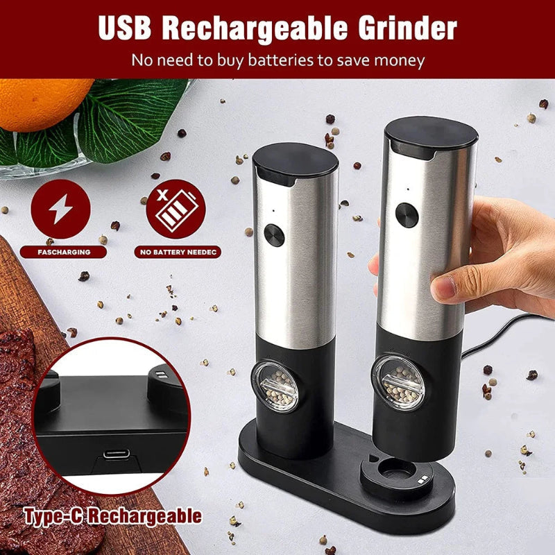 Electric Salt Pepper Grinder Set USB Rechargeable Automatic Spice Mill