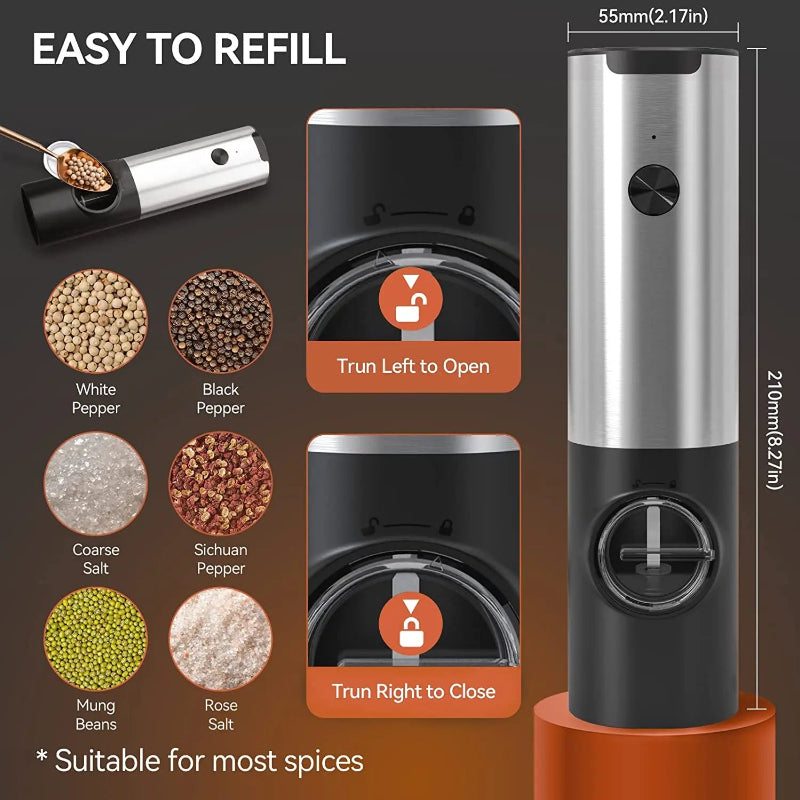 Electric Salt Pepper Grinder Set USB Rechargeable Automatic Spice Mill