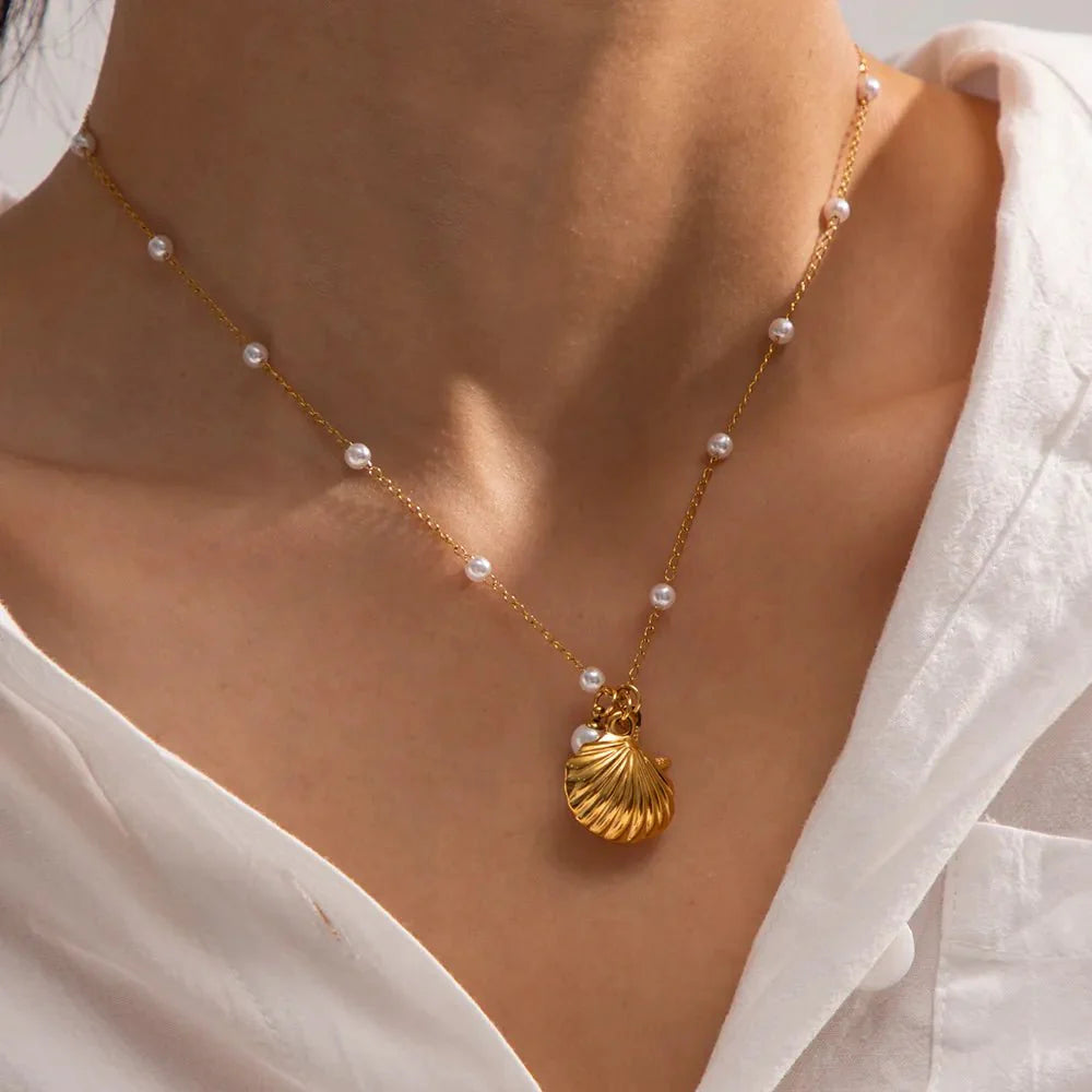 Elegant Dainty Spaced Pearl Seashell Necklace