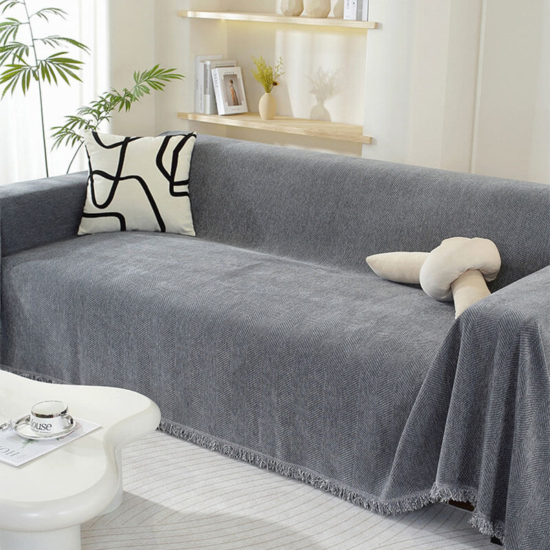 Chenille Sofa Cover Herringbone Tassel Design
