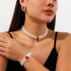 Elegant Oval Diamond Pearl Necklace, Bracelet, Earrings Set