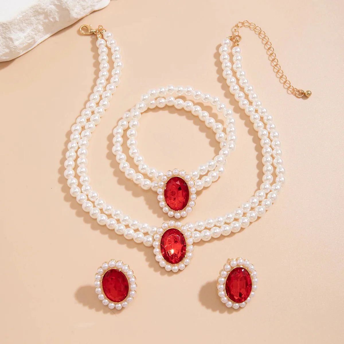 Elegant Oval Diamond Pearl Necklace, Bracelet, Earrings Set
