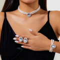 Elegant Oval Diamond Pearl Necklace, Bracelet, Earrings Set