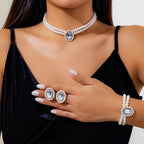 Elegant Oval Diamond Pearl Necklace, Bracelet, Earrings Set