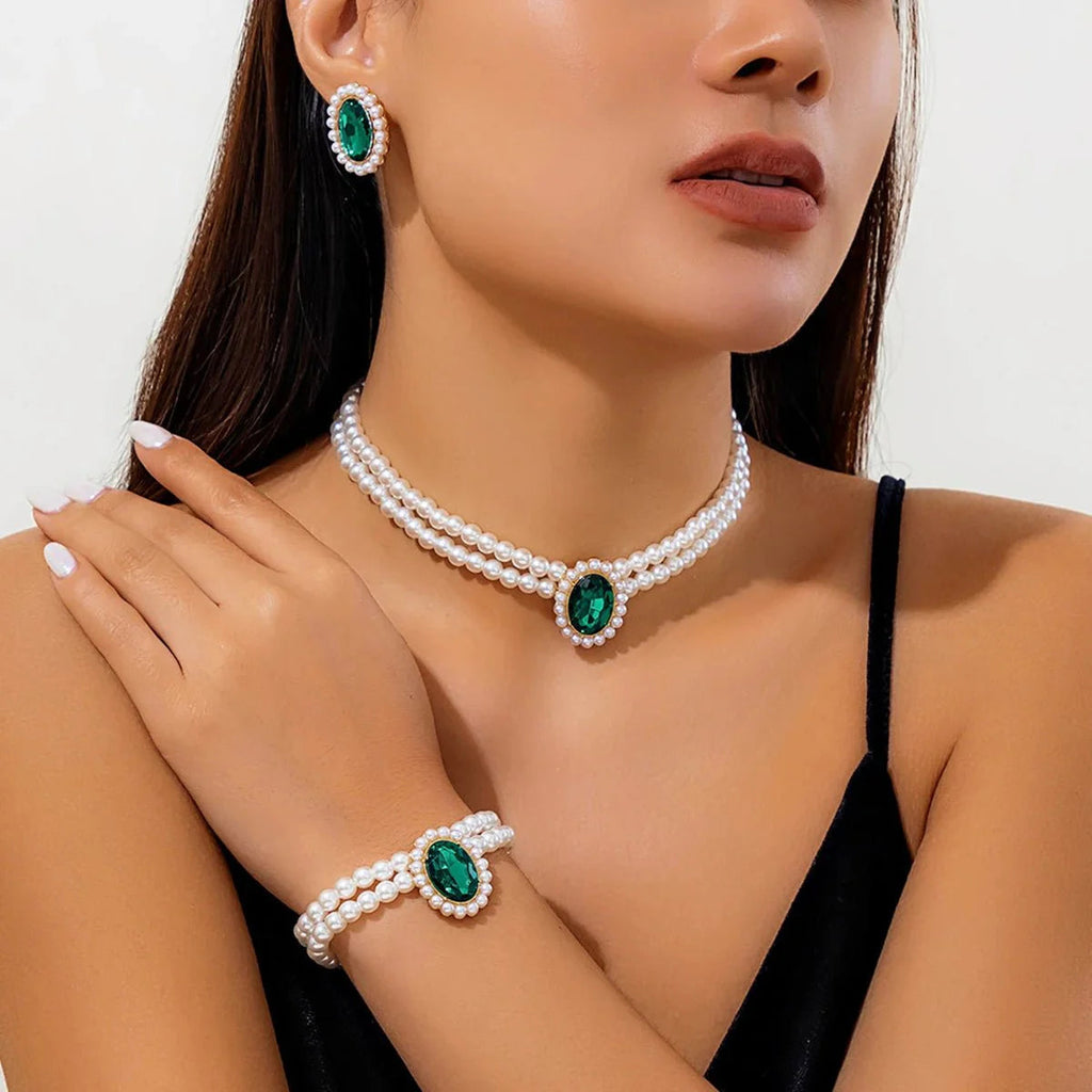 Elegant Oval Diamond Pearl Necklace, Bracelet, Earrings Set