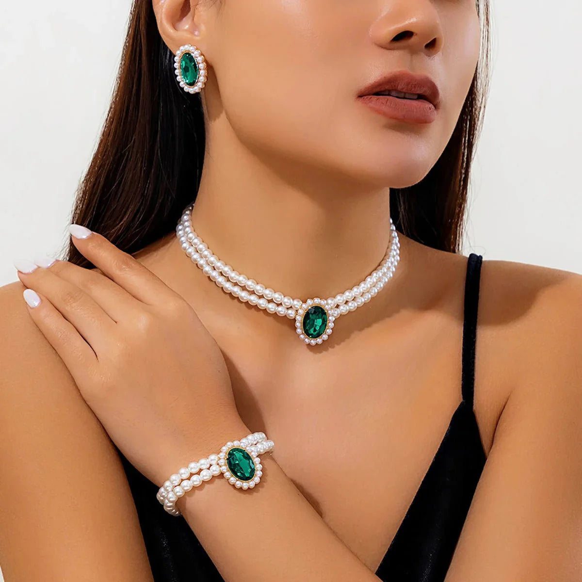Elegant Oval Diamond Pearl Necklace, Bracelet, Earrings Set