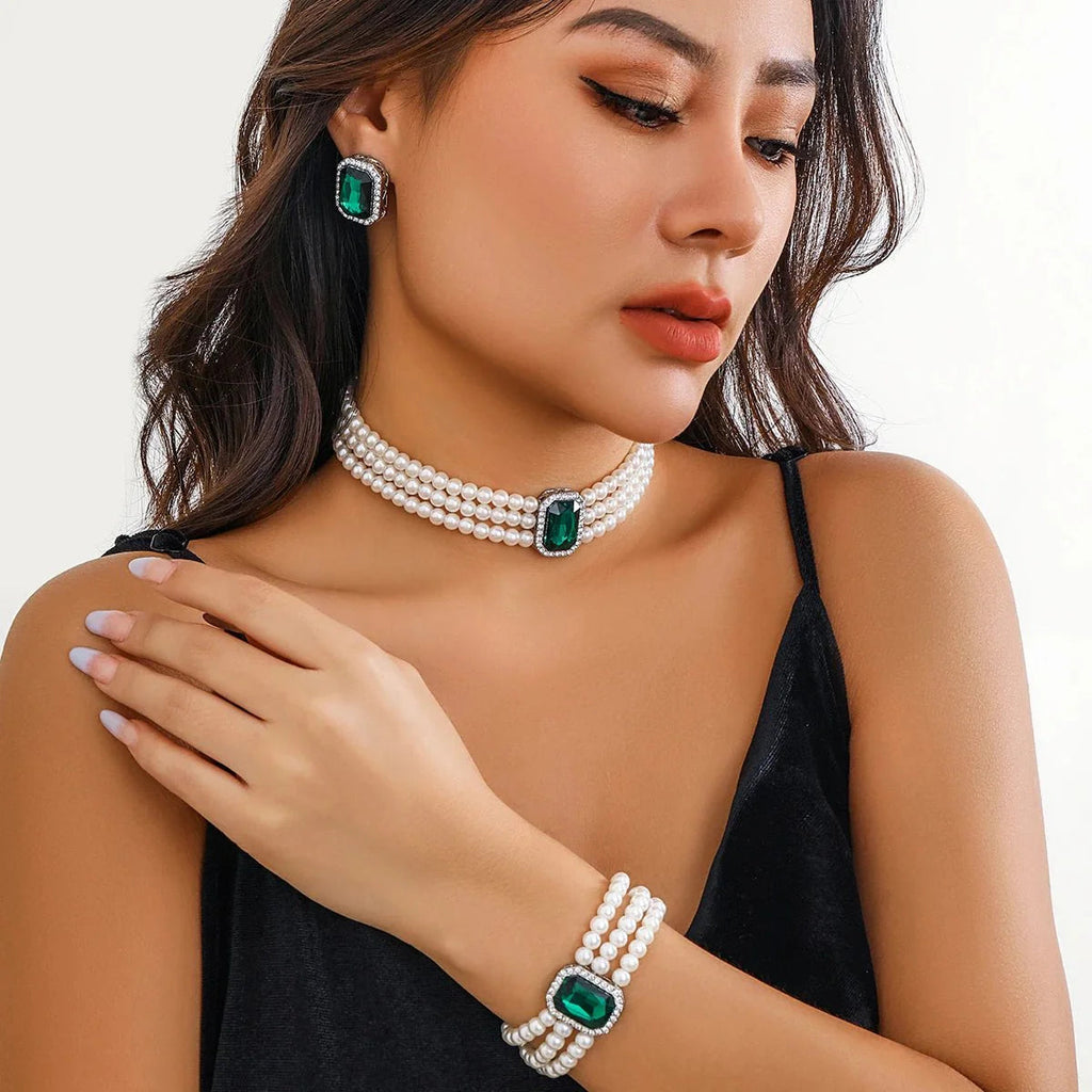 Elegant Pearl Diamond Necklace, Bracelet, and Earring Set