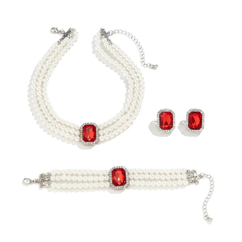 Elegant Pearl Diamond Necklace, Bracelet, and Earring Set