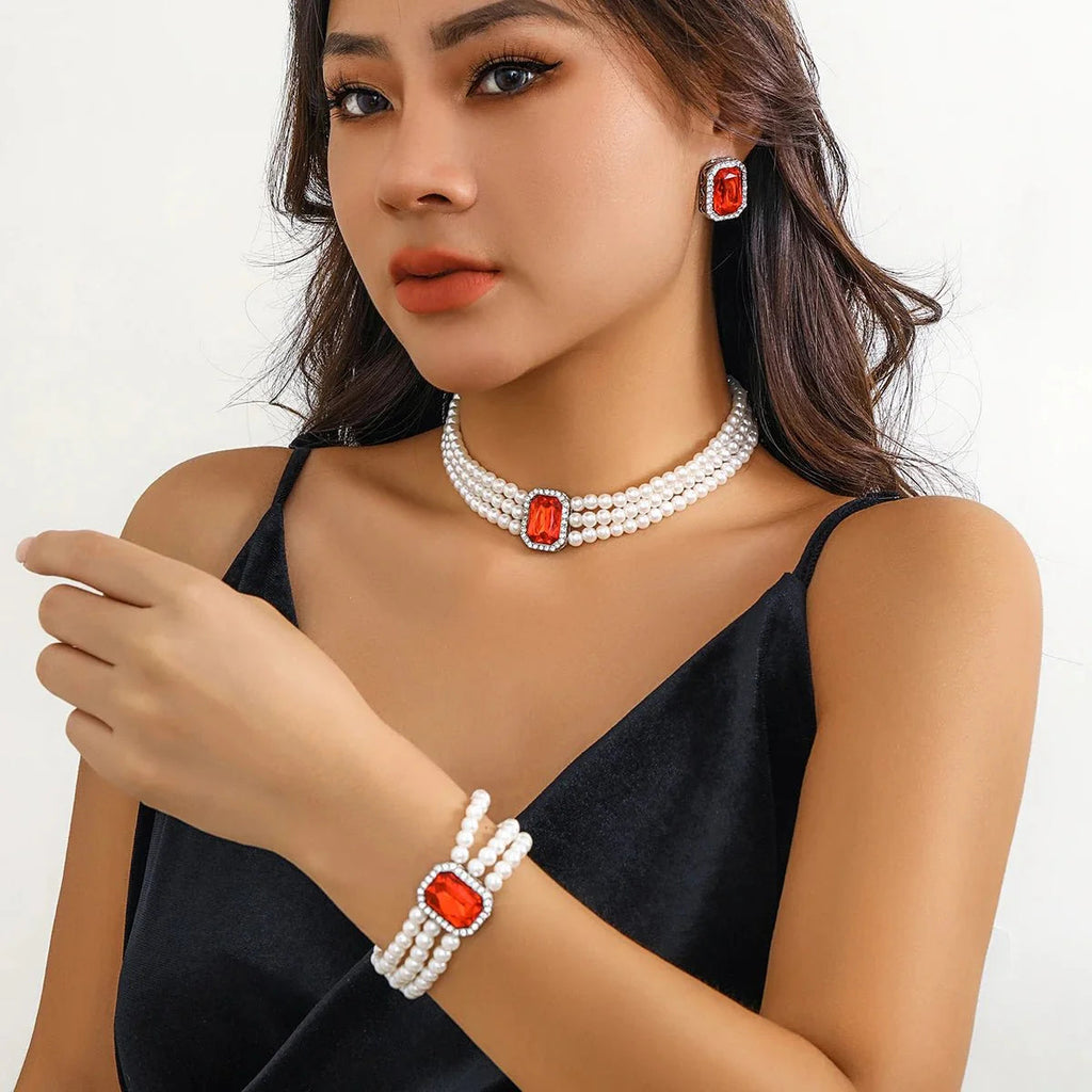 Elegant Pearl Diamond Necklace, Bracelet, and Earring Set