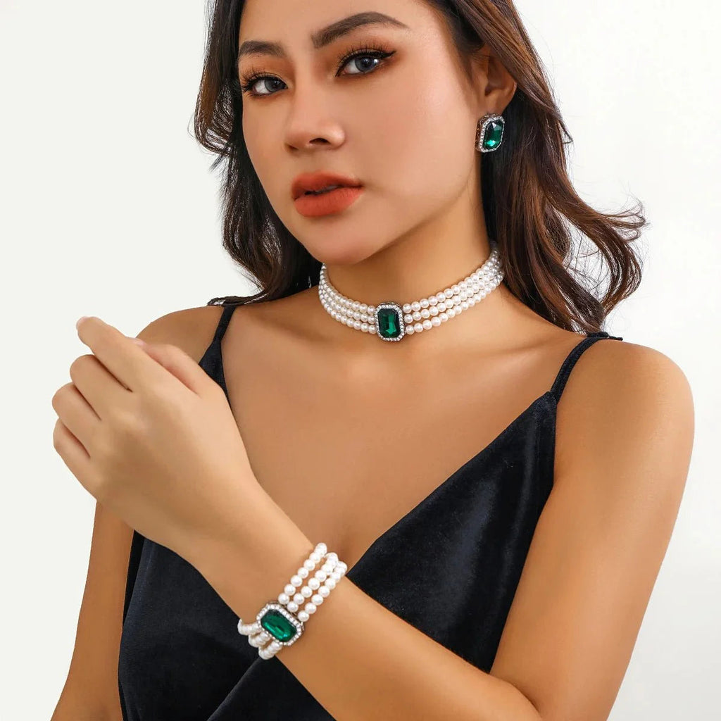 Elegant Pearl Diamond Necklace, Bracelet, and Earring Set