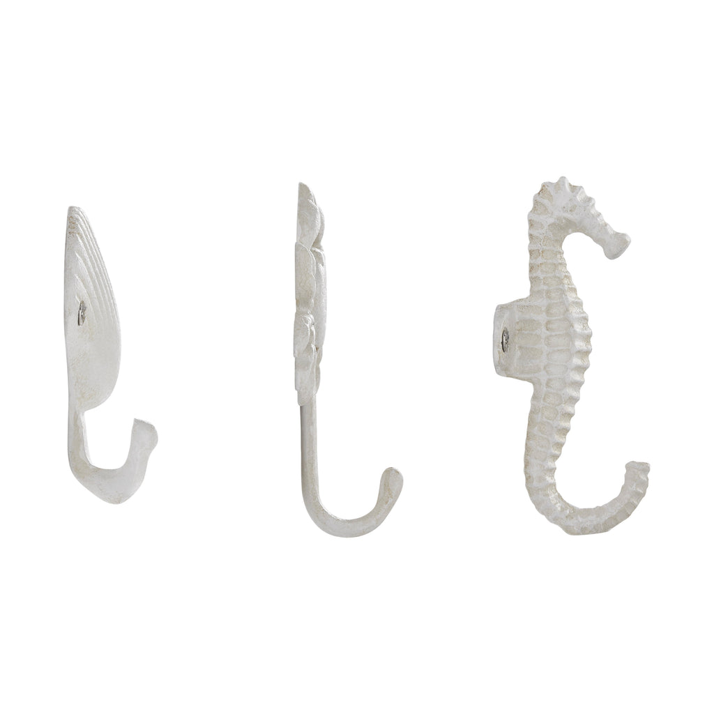 White Cast Iron Nautical Ocean Figure Sculpture Decorative Utility Wall Hook Set of 3 - Shell, Crab, Seahorse