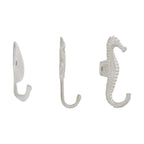 White Cast Iron Nautical Ocean Figure Sculpture Decorative Utility Wall Hook Set of 3 - Shell, Crab, Seahorse