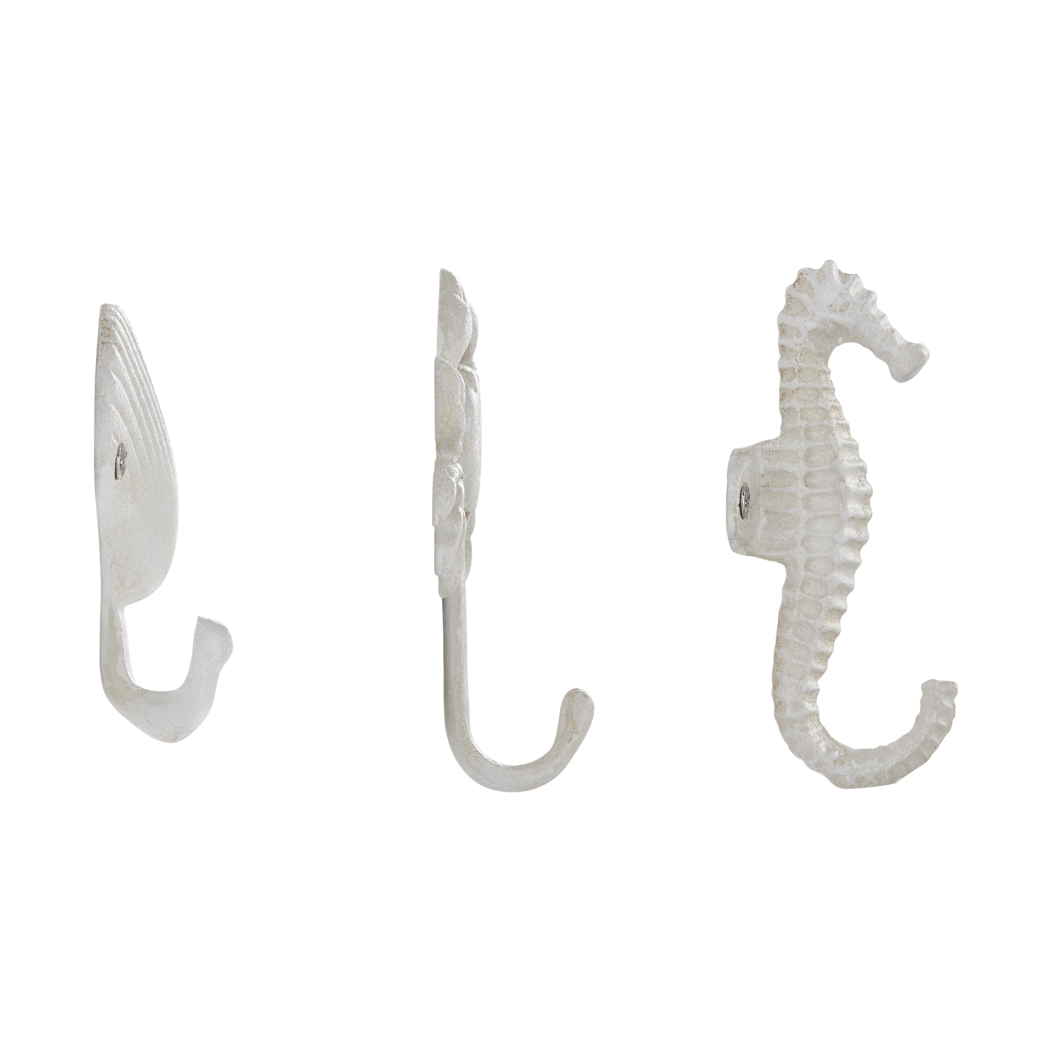White Cast Iron Nautical Ocean Figure Sculpture Decorative Utility Wall Hook Set of 3 - Shell, Crab, Seahorse