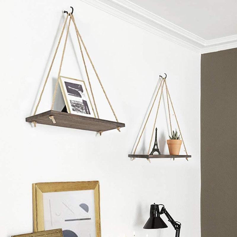 Scandinavian Wood Hanging Shelf - Minimalist Floating Wall Shelf with String