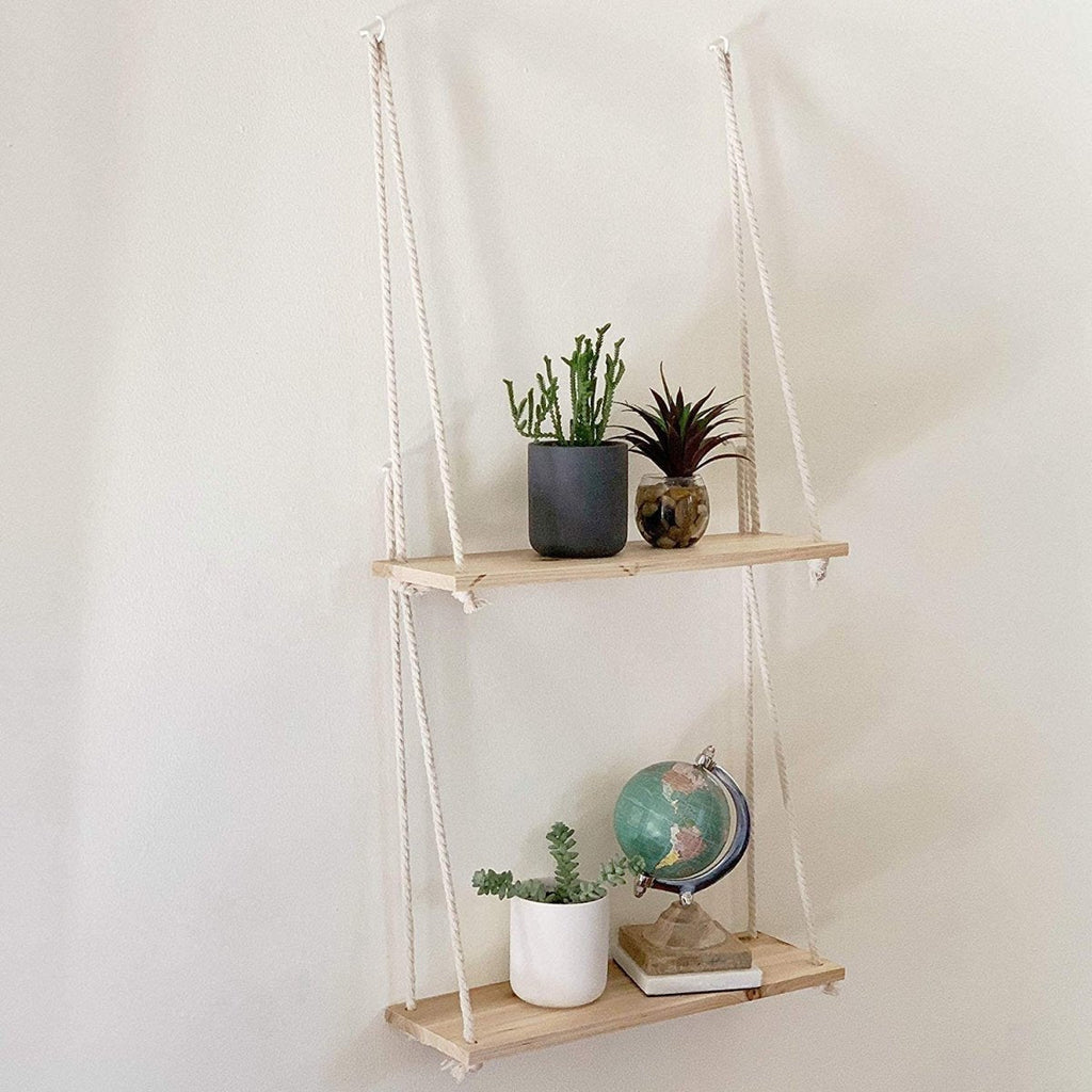 Scandinavian Wood Hanging Shelf - Minimalist Floating Wall Shelf with String