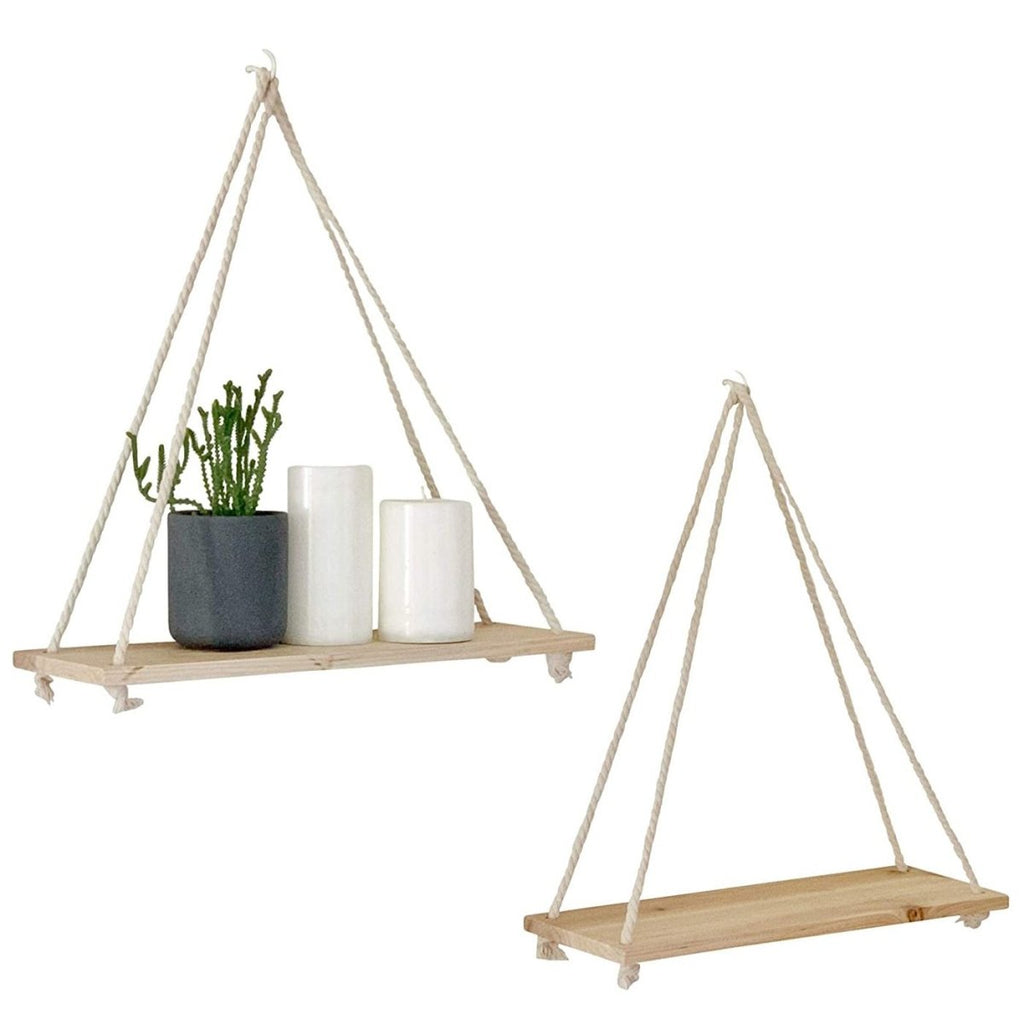 Scandinavian Wood Hanging Shelf - Minimalist Floating Wall Shelf with String