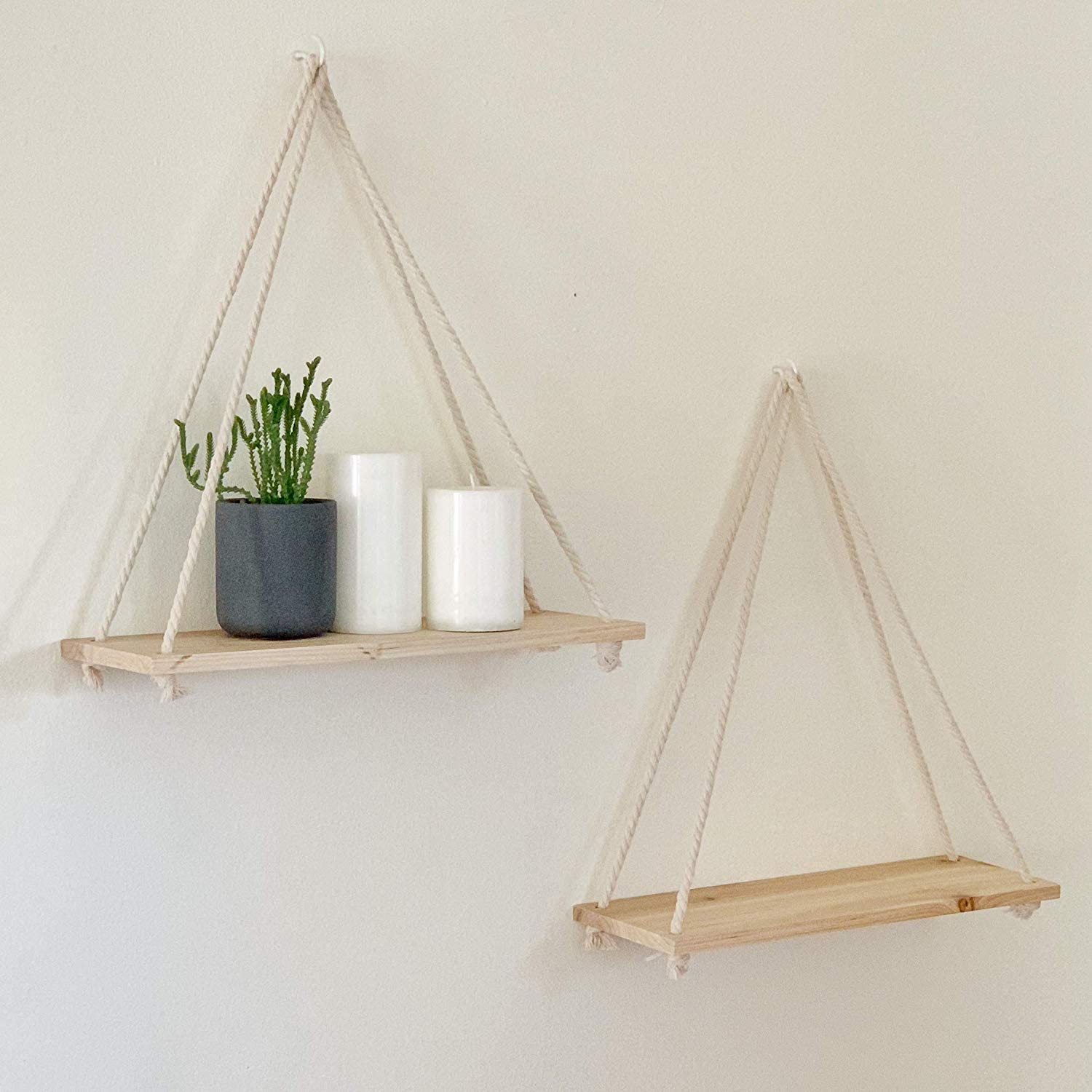 Scandinavian Wood Hanging Shelf - Minimalist Floating Wall Shelf with String
