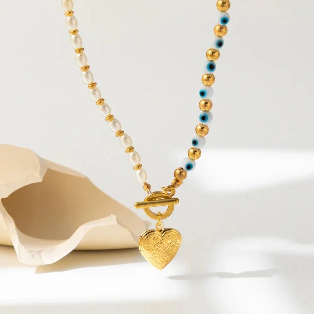 Evil Eye Pearl Heart Locket Necklace