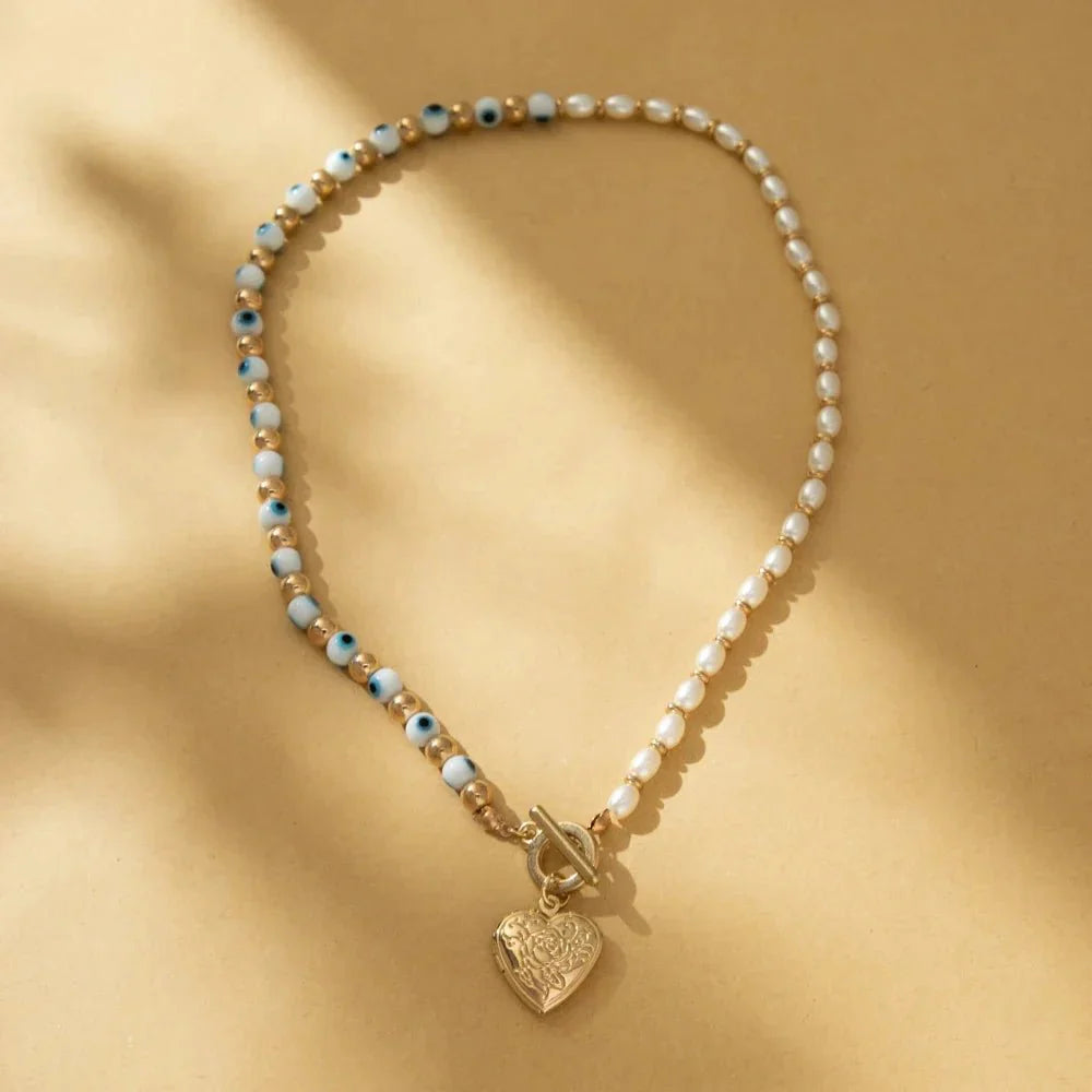 Evil Eye Pearl Heart Locket Necklace