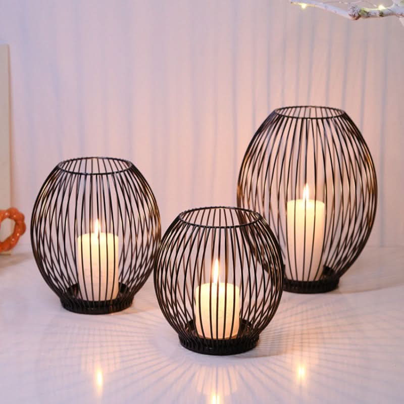 Set of 3 Vintage Black Metal Lantern Candelabras