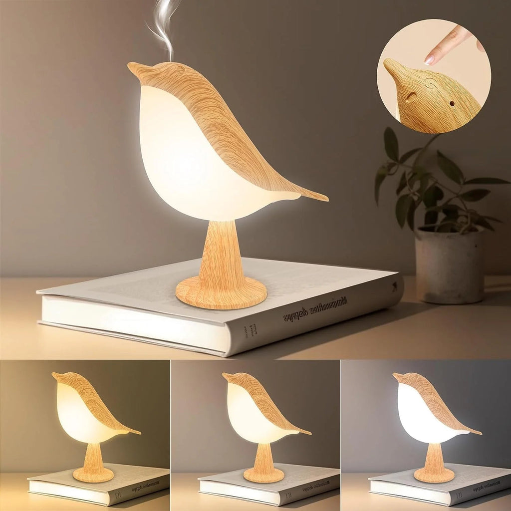 Touch-Control Wooden Bird Night Light - Rechargeable LED Bedside Lamp
