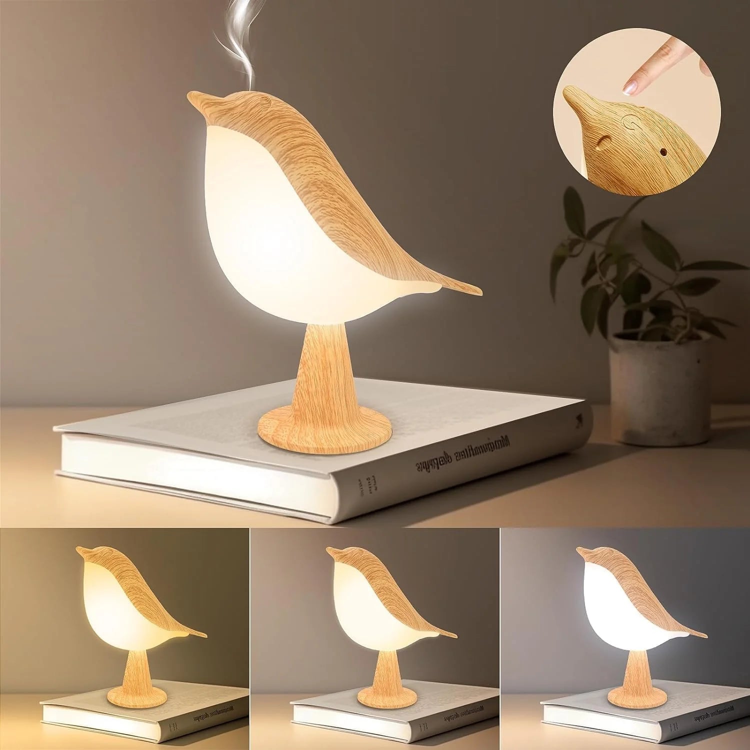 Touch-Control Wooden Bird Night Light - Rechargeable LED Bedside Lamp