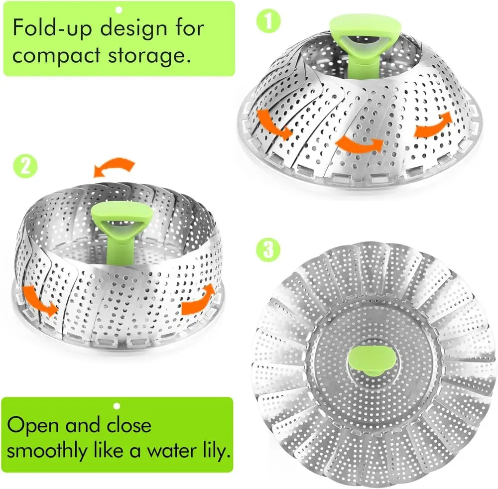 Adjustable steam cooker made of stainless steel – Foldable basket for healthy cooking