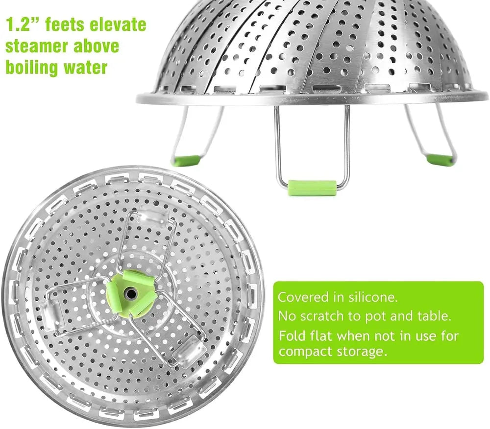 Adjustable steam cooker made of stainless steel – Foldable basket for healthy cooking