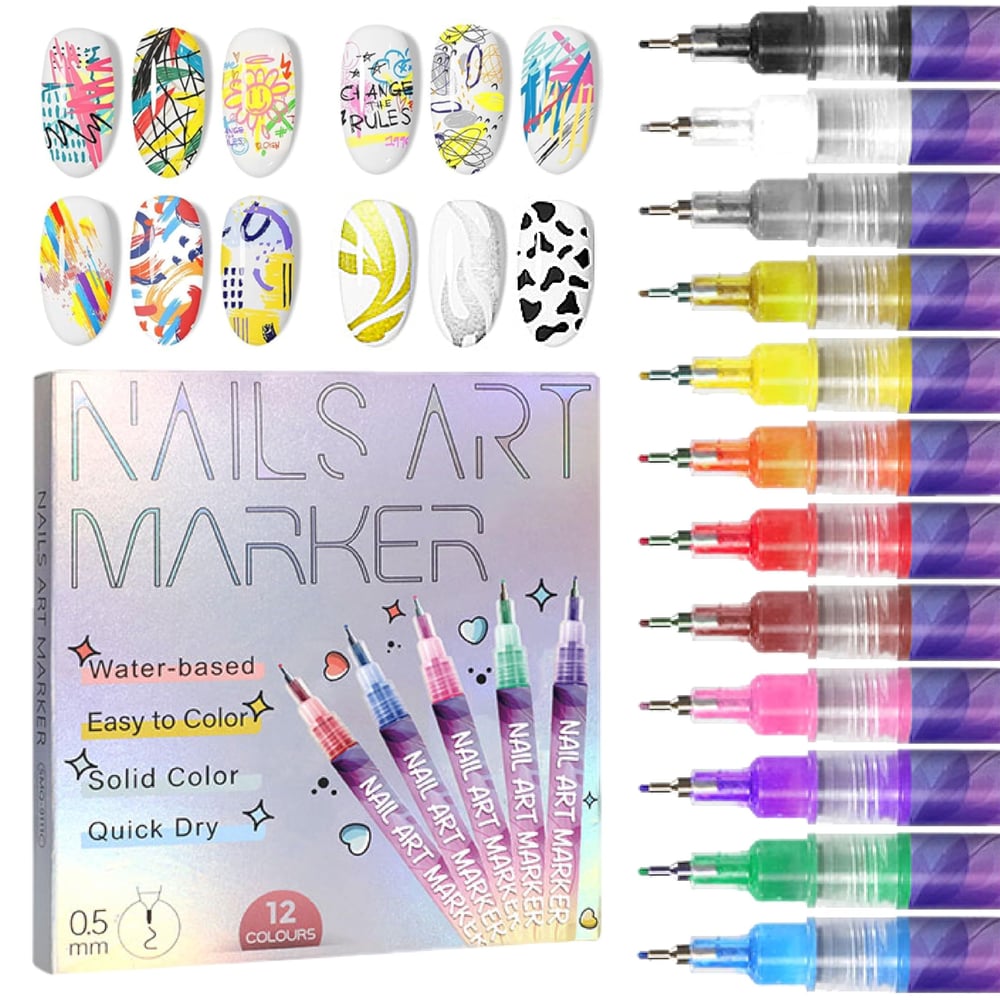 12 Colors Nail Art Pens — Acrylic Nail Design Set with Fine Tip
