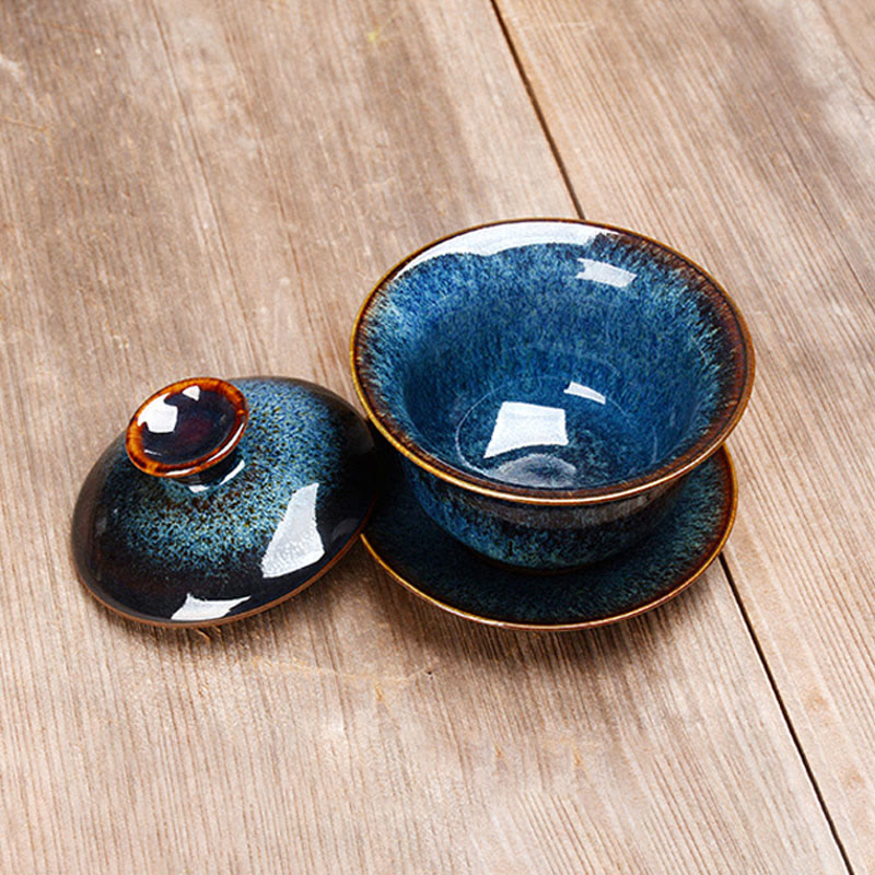 Vintage Kiln Ceramic Gaiwan Sancai Tea Cup Tea Cup and Saucer with Lid
