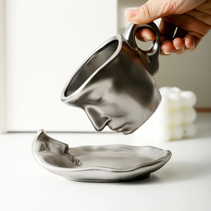 Metal Touching Face Creative Ceramic Kiss Coffee Cup, Artistic Vibe Mug & Saucer Set