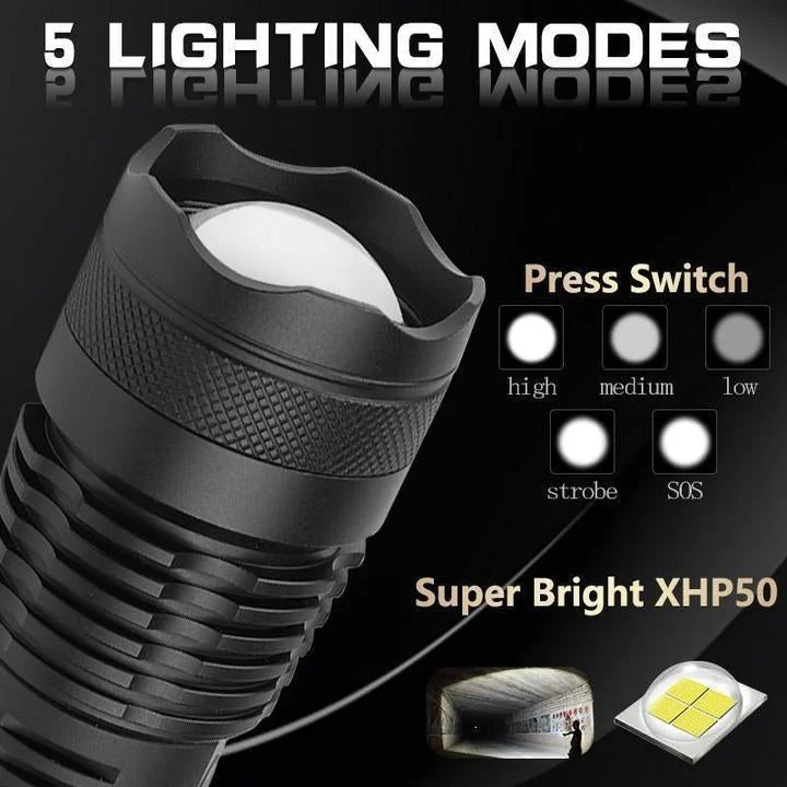 Rechargeable LED Flashlight with Zoom and Aluminum Housing