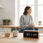 LED Bamboo Alarm Clock with Temperature Display & USB/Battery Operation