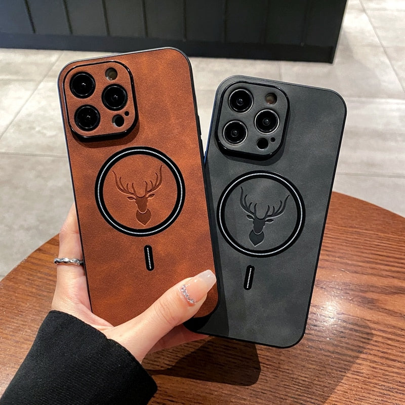 Luxury Deer Leather Apple iPhone Case | Magnetic Phone Case, Wireless Case, MagSafe, Wireless Charging, Protective Case, Cover for iPhone 15, 14, 13 Pro Max Plus