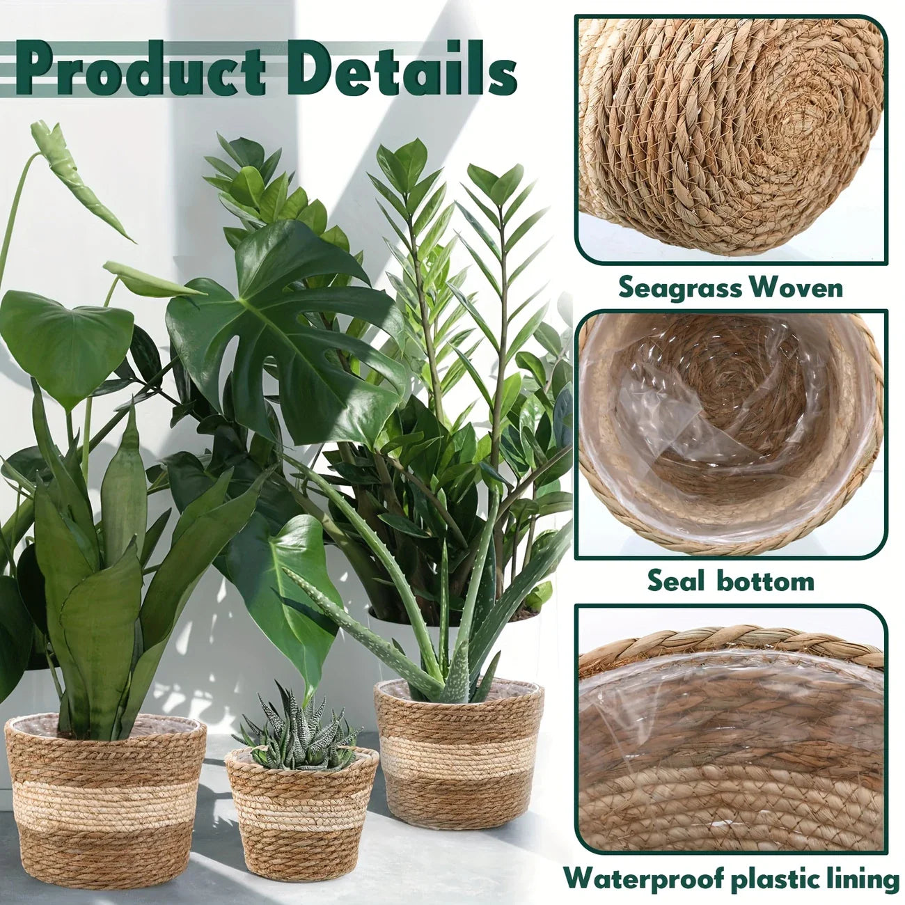 Decorative plant baskets made of seagrass in a set of 3 – Handwoven flower pots with foil insert
