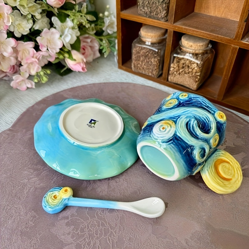 ArtSip Ceramic Cup & Saucer Set – Hand-painted 3D Design inspired by Van Gogh