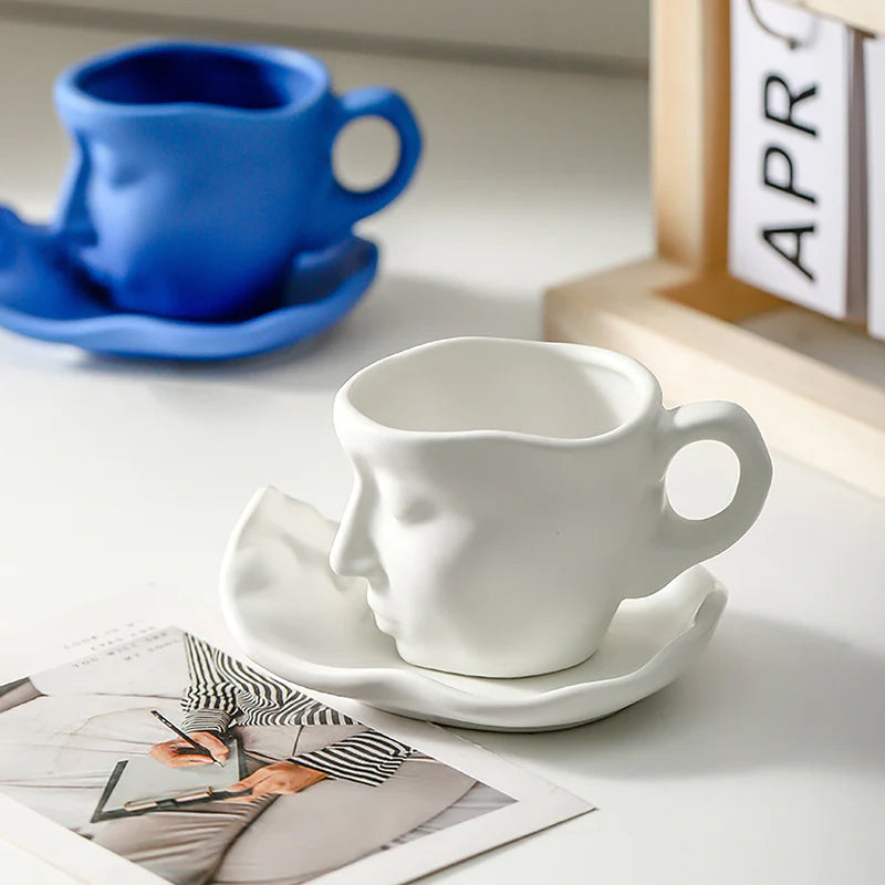 Metal Touching Face Creative Ceramic Kiss Coffee Cup, Artistic Vibe Mug & Saucer Set