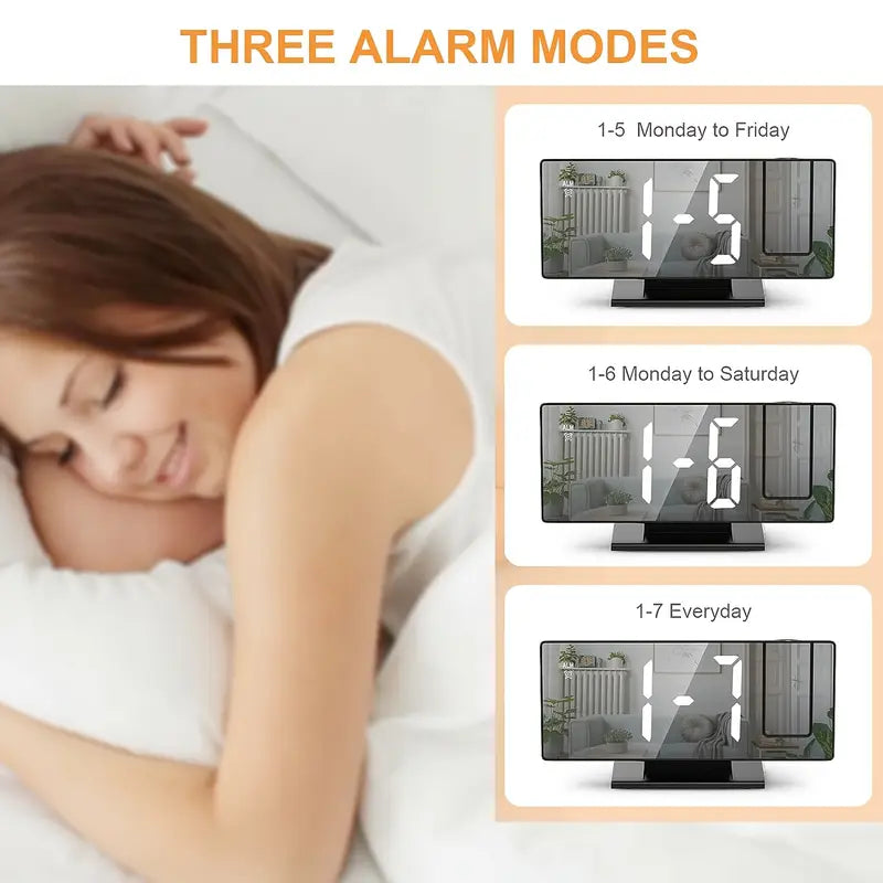 180° Adjustable LED Projection Alarm Clock – Snooze, 12/24H Time & Temperature Display, Mirror Design – USB Powered, Night Mode & Memory Function