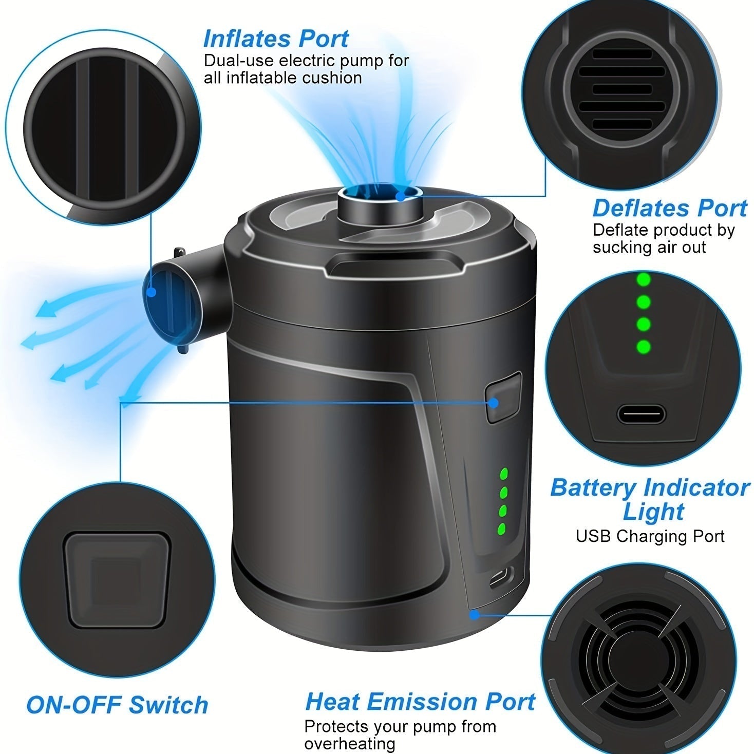 Electric Air Pump AirTrek Mini | USB Rechargeable & Cordless | Compact & Sturdy | For Air Mattresses & Outdoor