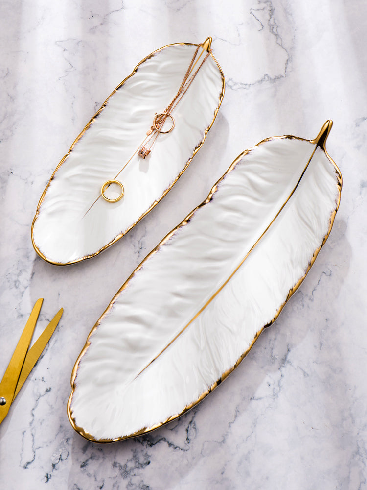 Nordic Light Luxury Style on Golden Feather Plate Retro Jewelry Plate Storage Plate Snack Plate Home Decor