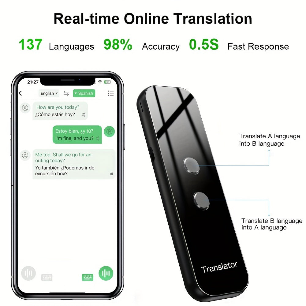 Portable Two-Way Language Translator with Built-In Wi-Fi and Rechargeable USB Battery - Compact Travel Device for Effortless Communication