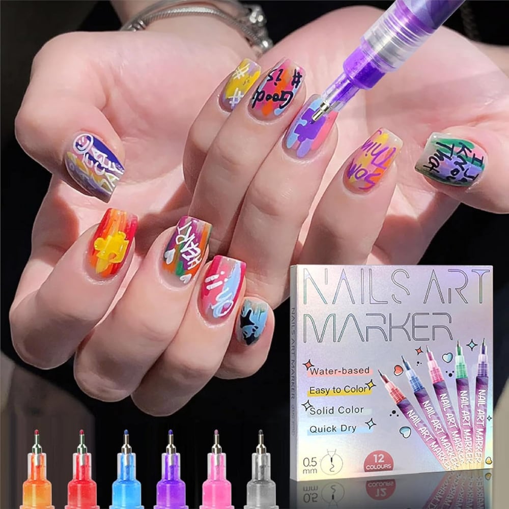 12 Colors Nail Art Pens — Acrylic Nail Design Set with Fine Tip