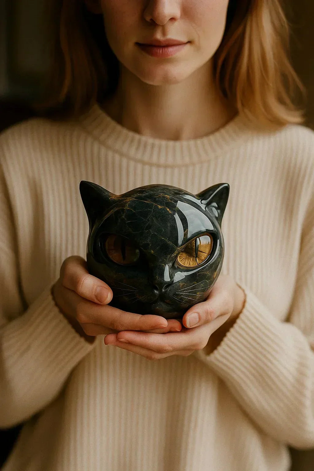 NoirCat Sculpture – Black Cat Head with Hypnotic Eyes