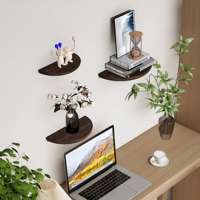 Half-Round Wooden Floating Shelf - Modern Wall-Mounted Display for Home & Bathroom