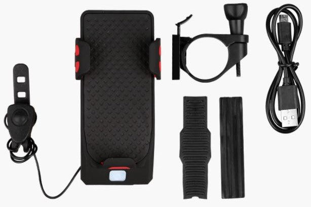 4-in-1 Bike Gadget – Phone Holder, Power Bank, LED Lighting and Horn