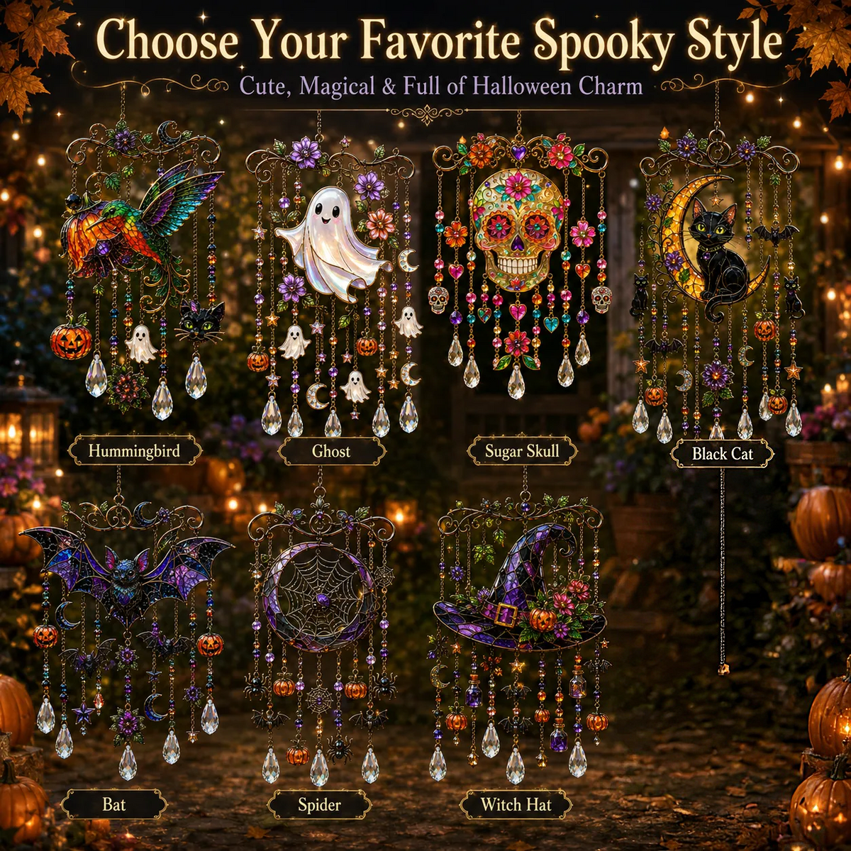Halloween Crystal Wind Chime – Colorful Acrylic Hanging Garden Decoration